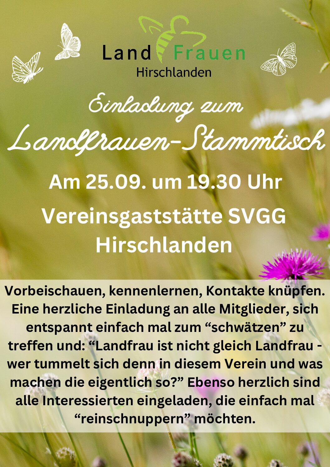 Herzliche Einladung zum Stammtisch der Landfrauen Hirschlanden am 25.09.2025